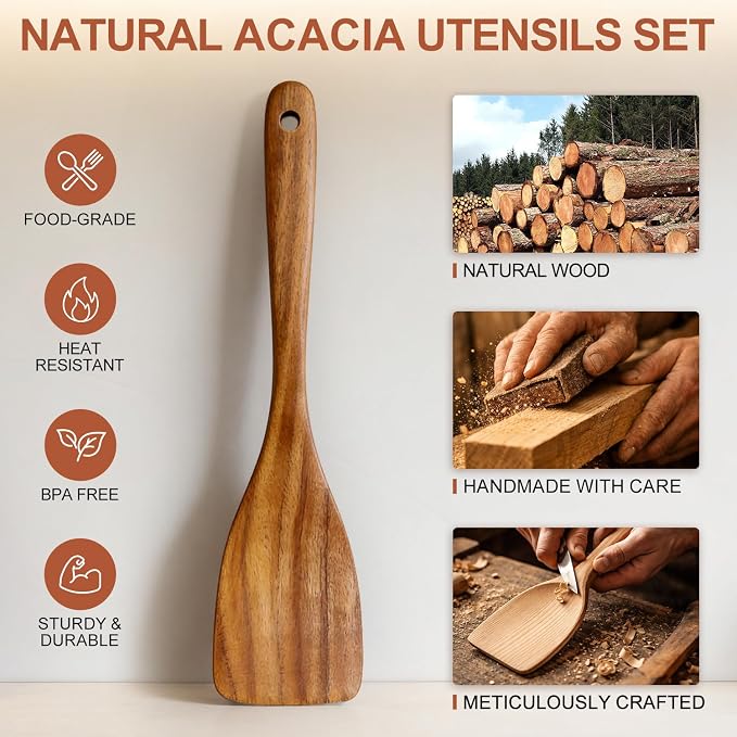 Wooden Spatula for Cooking Utensils Set Acacia Wood Spatulas for Kitchen Use Non Toxic Serving Utensil Slotted Turner Wood Scraper Flat Baking Cooking Spatula Non Stick Spurtle Wok Kitchen Utensils