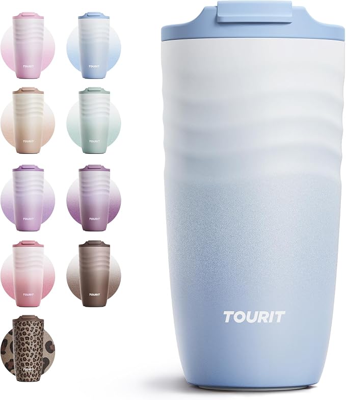 TOURIT 16 oz Travel Coffee Mug, Vacuum Insulated Stainless Steel Tumbler with Ripple-Wave Anti-Slip Grip, Built-in Silicone Bottom for Quiet & Stable, Leak-Proof Lid, Fits Car Cup Holder, Ocean Mist