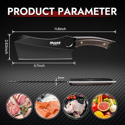 Huusk Meat Cleaver, 6.7 Inch Professional Cleaver Chef Knife with Anti-rust Titanium Coating, Ultra Sharp Vegetable Chopping Knives for Home Kitchen and Restaurant
