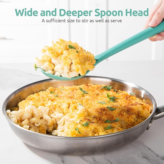 13.3" Slotted Cooking Spoon: U-Taste 600ºF Heat Resistant Kitchen Mixing Spoon, Food Grade Nonstick Long and Large Rubber Soup Utensil for Serving, Stirring, Basting, for Pot Cookware (Aqua Sky)