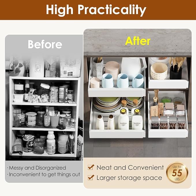 2 Pack Expandable Pull Out Cabinet Organizer 21" Deep, Adjustable Width 12.6"-20.5", No Drill Adhesive with Triple Track Rails, Heavy Duty Slide Out Drawers for Kitchen, Pantry, Cabinets,White