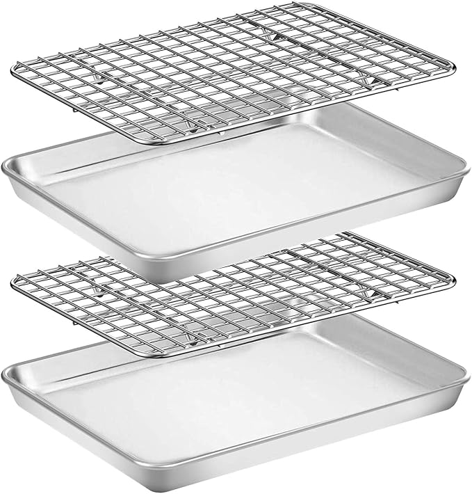 Baking Supplies, Baking Sheet & Rack Set [2 Sheets + 2 Racks], Baking Tray, Stainless Steel Cookie Pan with Cooling Rack, Non Toxic & Heavy Duty & Easy Clean (9 x 7 x 1 inch)