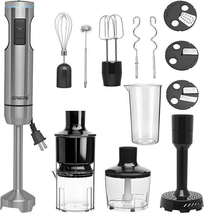 Handheld Immersion Blender Bundle, 1000W Powerful 12-in-1 Set for Smoothies,Orange Juicer,Minced meat,Milk frother,Egg Beater, Dough Hook, Vegetable Chopper, Potato Masher