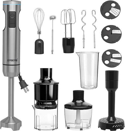Handheld Immersion Blender Bundle, 1000W Powerful 12-in-1 Set for Smoothies,Orange Juicer,Minced meat,Milk frother,Egg Beater, Dough Hook, Vegetable Chopper, Potato Masher