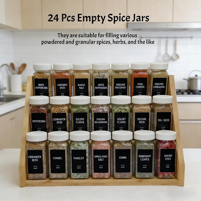 Spice Jars with Labels - 24 Glass Spice with Shaker Lids & Airtight Plastic Caps - 4oz Complete Seasoning Containers Organizer Set for Cabinet, Drawer & Rack (Beige)