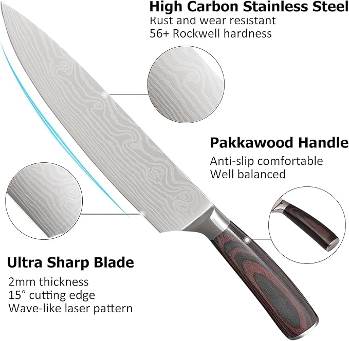 3 Piece Set of Professional Chef Knives, Forged From High Carbon Stainless Steel, with Extremely Sharp Blades and Ergonomic wooden Handles to Meet Various Cutting Needs (Kitchen Knife Set 3 Pcs)