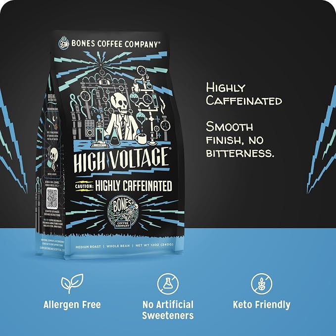 Bones Coffee Company High Voltage, Highly Caffeinated Unflavored Coffee, Medium Roast Low Acid Arabica Beans Compatible with Auto drip and French Press Coffee Maker, 12 Oz Whole Bean