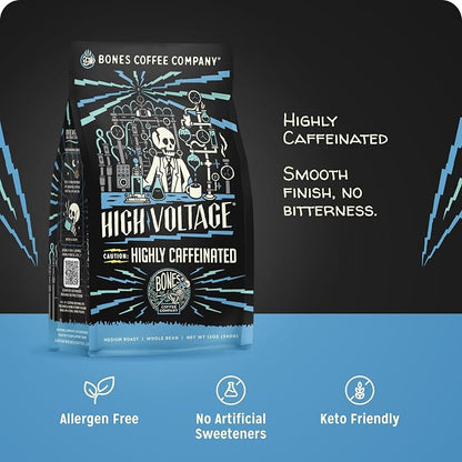Bones Coffee Company High Voltage, Highly Caffeinated Unflavored Coffee, Medium Roast Low Acid Arabica Beans Compatible with Auto drip and French Press Coffee Maker, 12 Oz Whole Bean