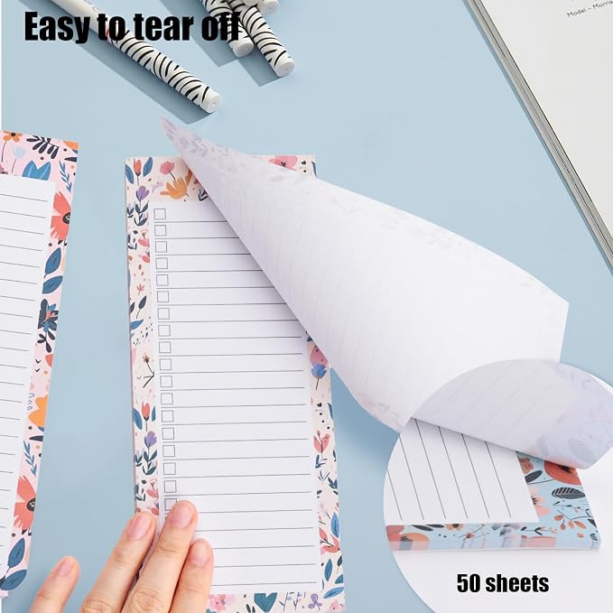 Koogel Magnetic Note Pads for Fridge, 4 Pack 200 Sheets Refrigerator Note Pad, Floral Design Fridge Notepad, 70g Premium Paper Tear-Off Sheets, Grocery Shopping List, To-Do List, Daily Reminders