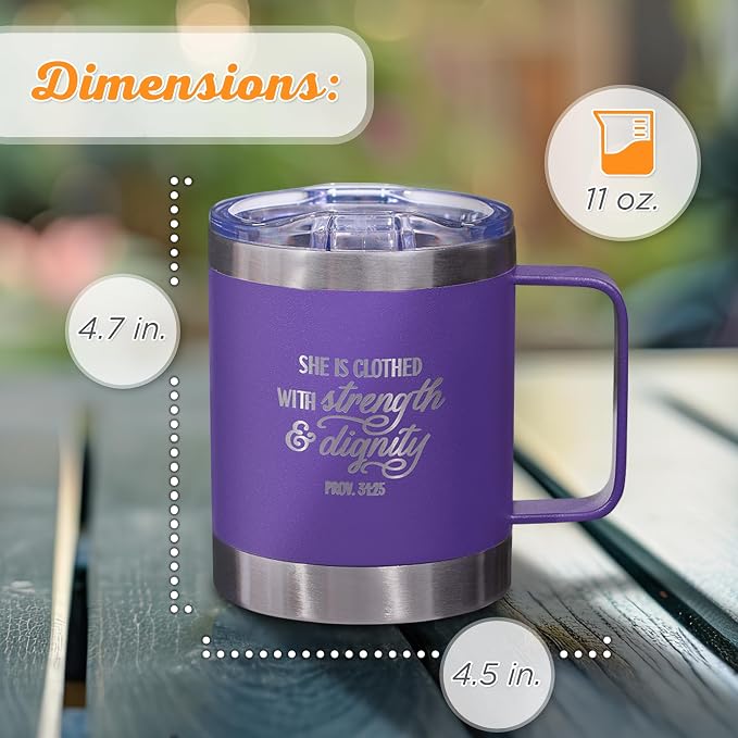 Christian Art Gifts Stainless Steel Double Wall Vacuum Insulated Camp Style Travel Mug 11 oz Purple Coffee Mug with Lid for Women - She is Clothed with Strength & Dignity -Proverbs 31:25