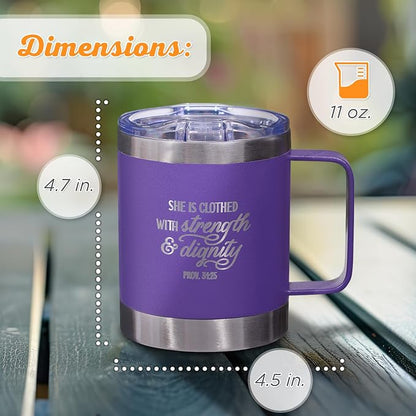 Christian Art Gifts Stainless Steel Double Wall Vacuum Insulated Camp Style Travel Mug 11 oz Purple Coffee Mug with Lid for Women - She is Clothed with Strength & Dignity -Proverbs 31:25