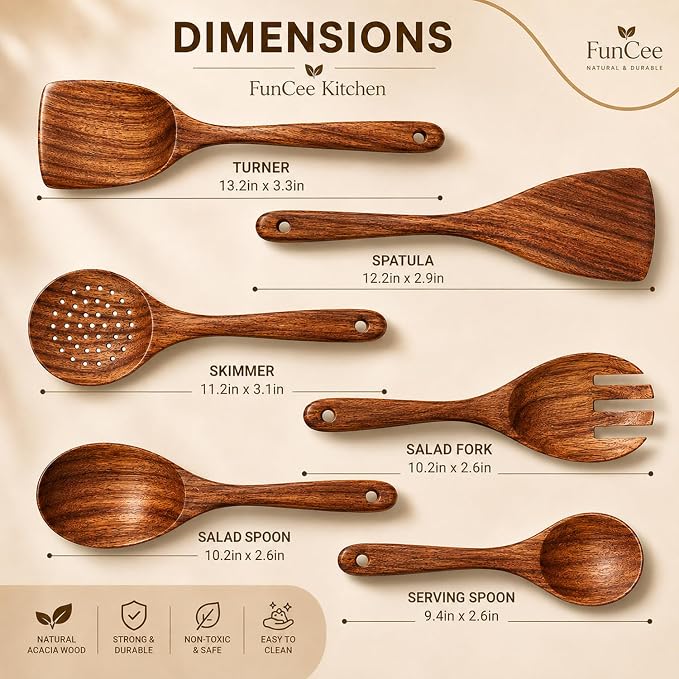6 Pack Wooden Spoons For cooking – Heat-Resistant Wood Spatula with Comfort Grip, Lightweight Kitchen Cooking Utensils set, wood Spoon utensil Set Perfect for Non-Stick Cookware