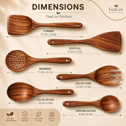 6 Pack Wooden Spoons For cooking – Heat-Resistant Wood Spatula with Comfort Grip, Lightweight Kitchen Cooking Utensils set, wood Spoon utensil Set Perfect for Non-Stick Cookware
