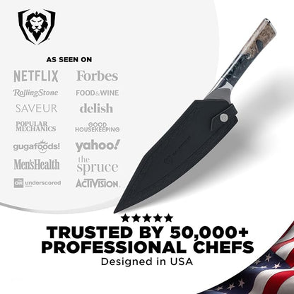 DALSTRONG Chef Knife - 8 inch - Valhalla Series - Ravenstone Black Blade Titanium Coated - Premium 9CR18MOV HC Steel - Resin & Wood Handle - Razor Sharp - Kitchen Cooking Chef's Knife - Leather Sheath