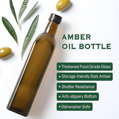 AOZITA 17oz Glass Olive Oil Dispenser - Oil and Vinegar Cruet Bottle with Stainless Steel Pourers - Funnel For Easy Refill - Olive Carafe Decanter for Kitchen