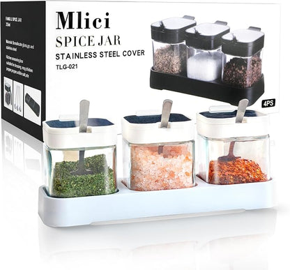 Mlici 8.6 oz Condiments Container Seasoning Jars, Kitchen Spicy Jars with Lids and Spoons, Tea Coffee Sugar Canisters Glass Spice Box, Set of 3, Containers, White