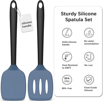 Coukre 2 Pack Silicone Spatula Set, High Heat Resistant, BPA Free Kitchen Spatula, Solid & Slotted Turner for Non-Stick Pans, Sautéing, and Flipping (2, DarkBlueBlack)
