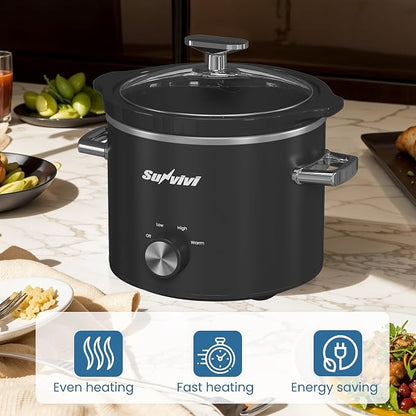SUNVIVIPRO Small Slow Cooker with Removable Ceramic Pot, Food Warmer with 3 Heating Settings & Dishwasher Safe Glass Lid, Black