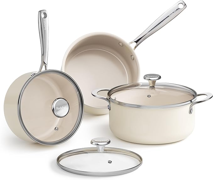 Redchef Stock Pot Set with Lid 5Qt, Ceramic Saucepan Set 2.5/3.5Qt, Induction Cooking Pot Set, Nonstick Cookware Set For Stoves, Even Heat, Stay-Cool Handle, Oven/Dishwasher Safe, PFAS Free (Beige)