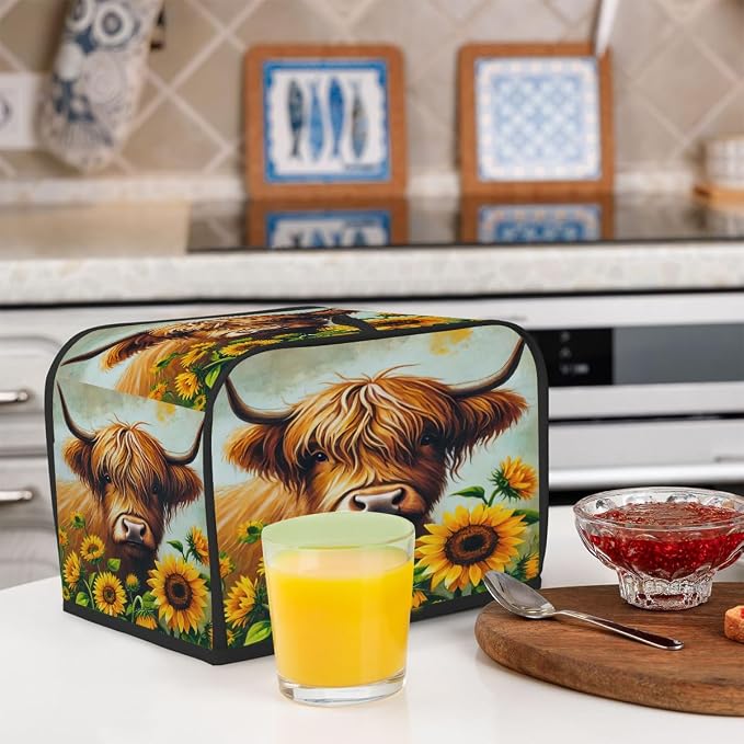 Alpine Cow Sunflower Toaster Cover 2 Slice Wide Slot Washable Kitchen Appliance Covers Fingerprint Bread Machine Dust Cover Small Toaster Oven Accessories Covers Bread Maker Bag Women Gift