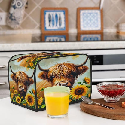 Alpine Cow Sunflower Toaster Cover 4 Slice Wide Slot Washable Kitchen Appliance Covers Fingerprint Bread Machine Dust Cover Small Toaster Oven Accessories Covers Bread Maker Bag Women Gift