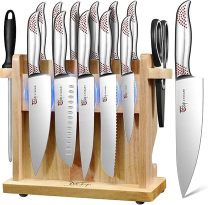 SYOKAMI Japanese Knives Set for Kitchen, Magnetic Knife Set with Block and Sharpener, Stainless Steel Knife Set as Gift for Couple, Wedding, Women or Mom with Gift Box, 14 PCS Red Dot