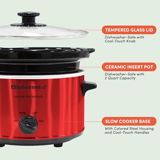 Elite Gourmet MST-275XR# Electric Oval Slow Cooker, Adjustable Temp, Entrees, Sauces, Stews & Dips, Dishwasher Safe Glass Lid & Crock (2 Quart, Metallic Red)