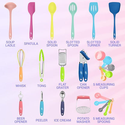 Kaluns 24 Pcs Silicone Cooking Utensils Set - Can Opener, Masher, Turner, Spatula, 446F Heat Resistant, Non-Stick, Premium Silicone & Stainless Steel