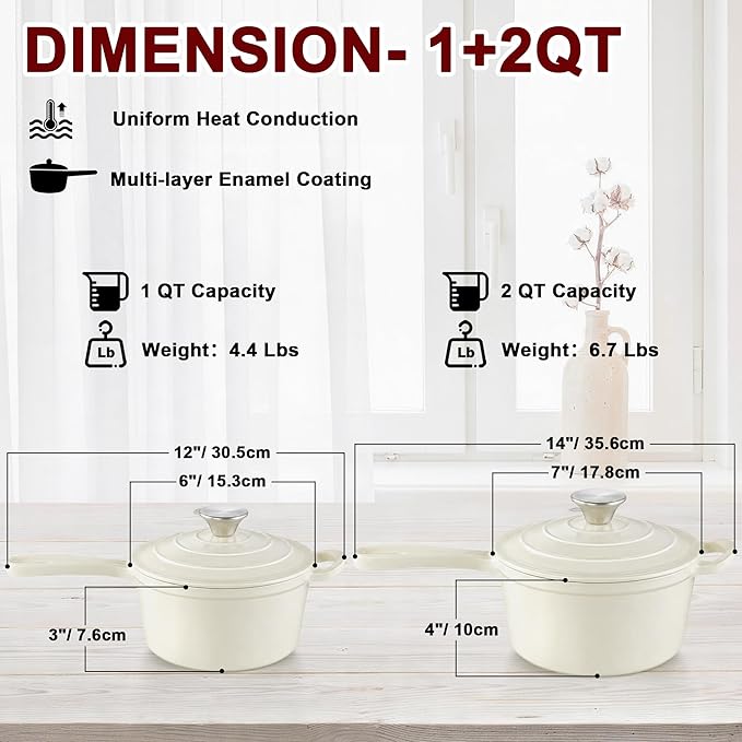 2 Pcs Enameled Sauce Pan with Lid, Leonyo 1 Qt & 2 Qt Cast Iron Saucepan Set, Small Bread Dutch Oven Pots for All Kitchen Cooktops Cooking Pasta, Milk, Soup - Up to 500°F, Cream White