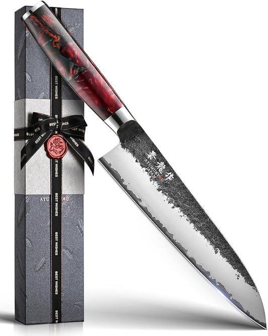 Japanese Chef Knife, 8 Inch Hand Forged Kitchen Knives with VG10 Core, Professional Gyuto Knife for Home & Restaurant, Sanmai Chefs Knives with Ergonomic Red Handle, Father Day Gift for Dad Husband