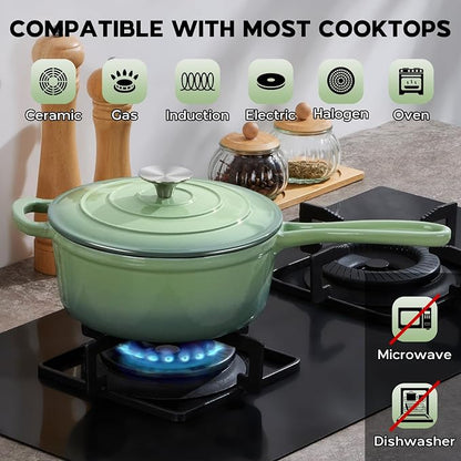 Onader 3QT Sauce Pan with Lid, Enameled Cast Iron Saucepan, Small Dutch Oven Cooking Kitchen Pot, Nonstick & Heavy Duty – Pistachio Green