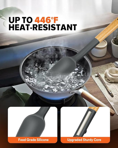 Silicone Spatula Spoon Set, Great for Mixing, Folding, Scraping, and Spreading, Sturdy BPA-Free Matte Silicone, Wooden Handle Rubber Spoonula for Nonstick Cookwares,4 Pack (GREY)