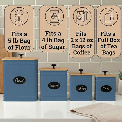 Kitchen Canisters for Countertop Set of 4 with Customizable Chalkboard Labels & Marker Pen - Big Iron Kitchen Canister Set with Airtight Lids - Blue Canisters - Sugar Tea Coffee Containers Sets