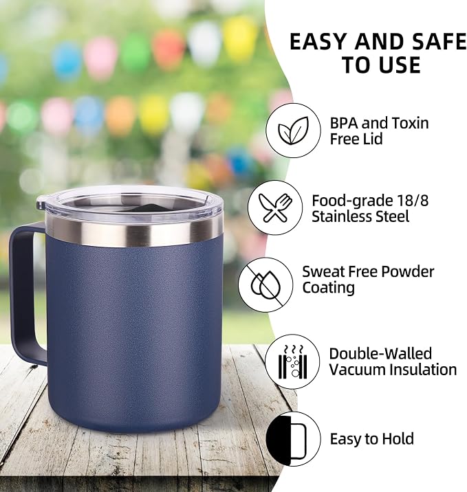 Volhoply 14oz Insulated Stainless Steel Coffee Mug with Lid Bulk 4 Pack,Double Wall Vacuum Travel Coffee Cup with Handle,Reusable Metal Cups Tumbler,Camping Mugs Keep Hot,Ideal Gifts(Navy,4)