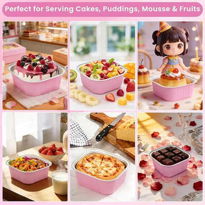 245 PCS 10 oz Mini Cake Pans with Lids, 60 Pack 4.4x4.4 Large Aluminium Foil Pan Mini Cake Tins with Lids and Spoons, Square Individual Baking Pan Cup for Wedding Birthday Party Picnics