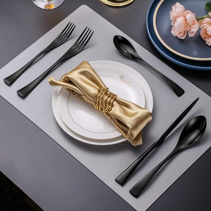 Lemeya 20-Pieces Black Silverware Set for 4,Heavy Duty 18/10 Stainless Steel Flatware Set with Forged Stand Knives,Modern Cutlery Utensil Set,Mirror Polished,Dishwasher Safe