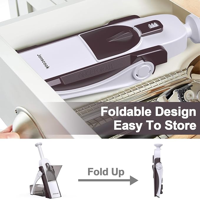 Safe Mandoline Slicer for Kitchen, Adjustable Thickness 0.1-8 mm, 5 in 1 Multi Vegetable Chopper, Potato Slicer, Food Chopper French Fry Cutte, with Paring Knife/Cleaning Brush, Mandolin (Brown)