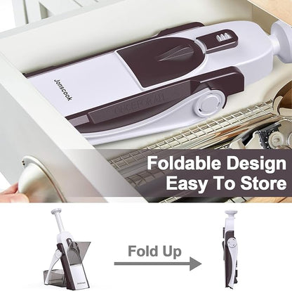 Safe Mandoline Slicer for Kitchen, Adjustable Thickness 0.1-8 mm, 5 in 1 Multi Vegetable Chopper, Potato Slicer, Food Chopper French Fry Cutte, with Paring Knife/Cleaning Brush, Mandolin (Brown)