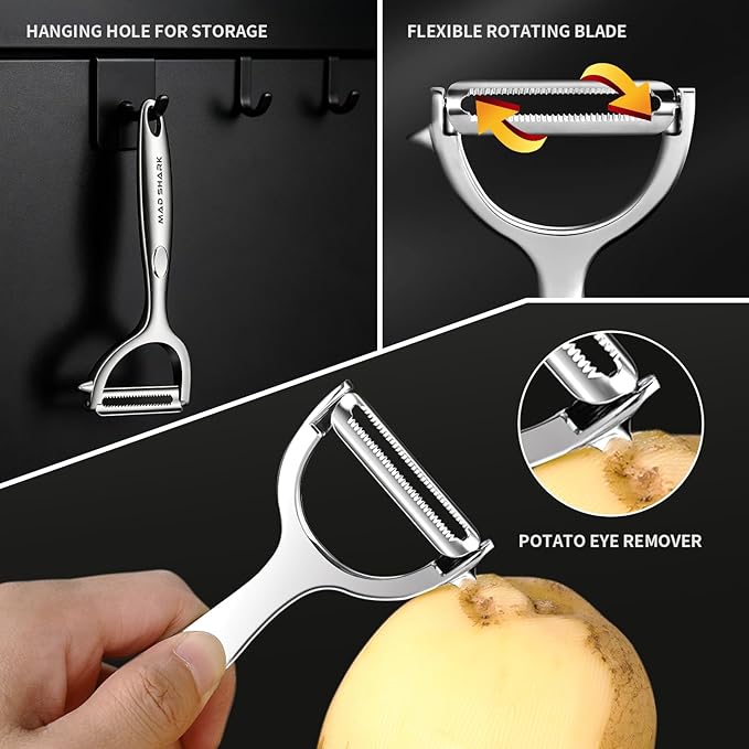 MAD SHARK Ultra Sharp Vegetable Peelers for Kitchen Fruit Apple Potato Peelers,Design with Ergonomic Non-Slip Handle, Y-Shaped Stainless Steel Serrated（Flat&Serrated Blade 2pc）