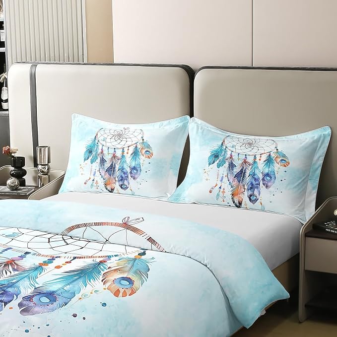Castle Fairy 100% Nature Cotton Girly Dream Catcher Duvet Cover Set Watercolor Feather Retro Style Comforter Cover Set Twin Size with 1 Pillowcase Marble Texture Tie Dye Bedding Set(Not Comforter)