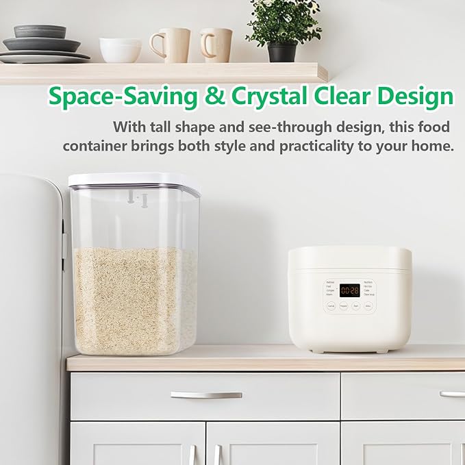 Airtight Rice Container 25 Lbs with Handle and Cup – 12.68Qt Large Flour Sugar Storage Container with Pop Up Seal & Hanging Lid Hooks, Clear Tall Food Storage Bin for Kitchen Pantry Organization