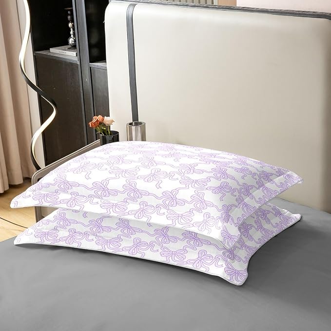Castle Fairy 100% Natural Cotton Cute Bow Bedding Set King Size Purple Coquette Bowtie Duvet Cover Luxury Light Watercolor Ribbon Bowknot Preppy Style Comforter Cover (No Comforter)