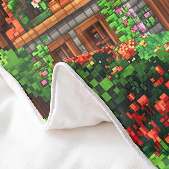 Castle Fairy Rustic Country Duvet Cover Set 100% Natural Cotton Twin Size Pixel Style Log Cabin Super Soft Bedding Set (No Filler) 2 PCS Building Video Games Cotton Comforter Cover for Bedroom Decor