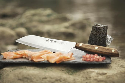 Arcos Santoku Knife 7 Inch Stainless Steel. Japanese Kitchen Knife for Fish, Meat and Vegetables. Ovengkol Wood Handle 100% natural FSC and 190mm Blade. Series Nordika. Color Brown.