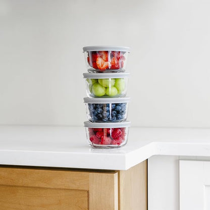8-Piece Glass Food Storage Containers Set (4 Containers + 4 BPA-Free Lids) | 1-Cup, Leakproof | Microwave, Freezer, Oven & Dishwasher Safe | Ideal for Meal Prep & Pantry Organization, Grey