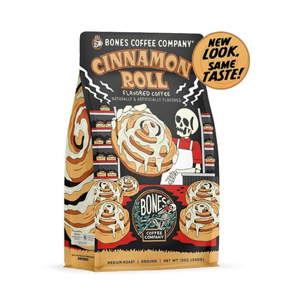 Bones Coffee Company Decaf Cinnamon Roll Decaffeinated Flavored Coffee, Medium Roast Low Acid Arabica Beans Compatible with Auto drip and French Press Coffee Maker, 12 Oz Ground