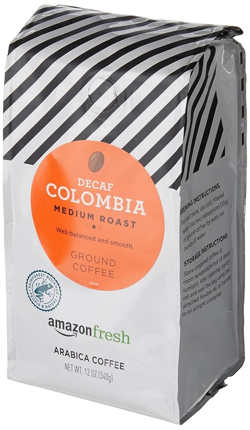 Amazon Fresh Decaf Colombia Ground Coffee, Medium Roast, 12 Ounce (Pack of 2)
