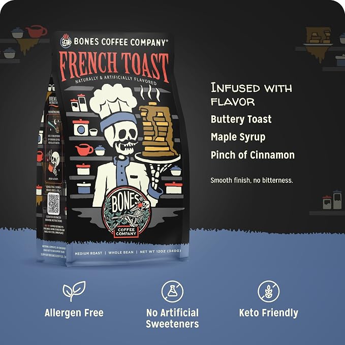 Bones Coffee Company French Toast, Sweet and Buttery Flavored Coffee, Medium Roast Low Acid Arabica Beans Compatible with Auto drip and French Press Coffee Maker, 12 Oz Ground