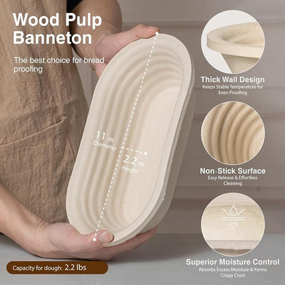 Wood Pulp Banneton Bread Proofing Baskets Set of 2, 11 Inch Oval 750G Sourdough Proofing Basket Kit with Linen Covers, Dough Whisk, Scraper, Bread Lame & Flour Duster, Non-Stick Bread Bowl