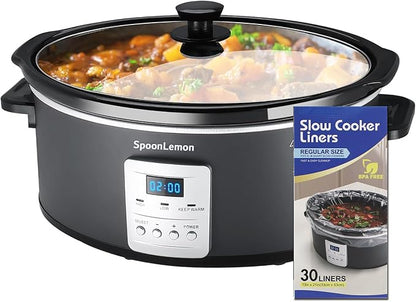 7QT Electric Slow Cooker with Digital Timer, 20H Programmable & 3 Heat Settings, Oval Ceramic Pot, Large Capacity for Family Dinner, Meal Prep, Compatible with 30 pcs 13"x21" Cooking Liners